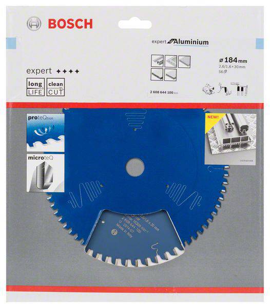 Eine Bosch-Sägeblatt-Verpackung für Aluminium. Details: Durchmesser 184 mm, 'long life', 'clean cut'. Zeigt Schutztechnologien.