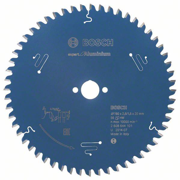 Kreissägeblatt für Aluminium von Bosch, 219 x 2,6/1,5 x 20 mm mit 56 Zähnen. Höchstdrehzahl 10.000 min⁻¹. Made in Italy.