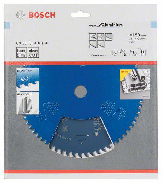 Verpackung einer Bosch Kreissägeblatt 'Expert Aluminium' mit 190 mm Durchmesser, geeignet für präzise Schnitte in Aluminium.