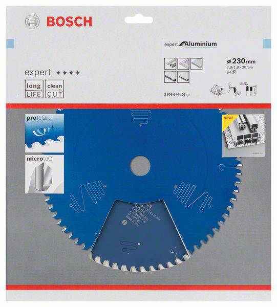 'Bosch' Verpackung mit blauem Sägeblatt, geeignet für Aluminium. Aufdruck: 'expert', Durchmesser 230 mm, lange Lebensdauer.
