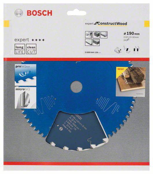 Bosch Expert Kreissägeblatt für Holz, 190 mm Durchmesser, blaue Beschichtung, spezielle Zähne für präzise, saubere Schnitte.