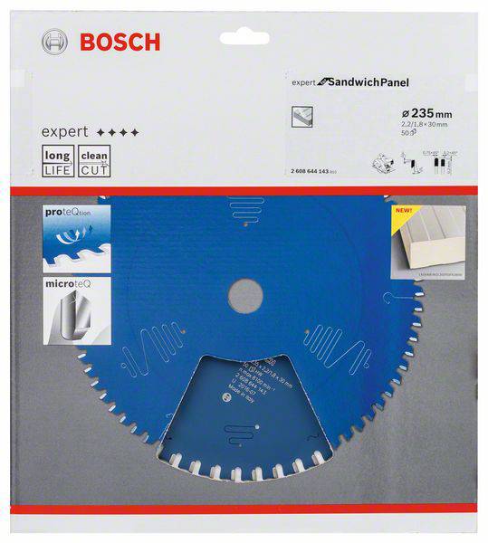 Sägeblatt von Bosch mit blauem Design, geeignet für Sandwichpaneele. Durchmesser: 235 mm. Funktionen: 'long life', 'clean cut'.