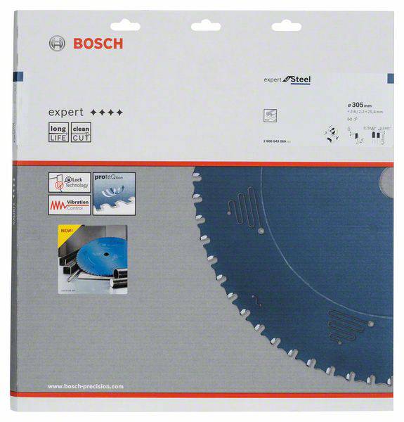 Verpackung einer Bosch Expert Kreissägeblatt mit blauer Klinge, „long life clean cut“ und „expert for steel“ Technologie.