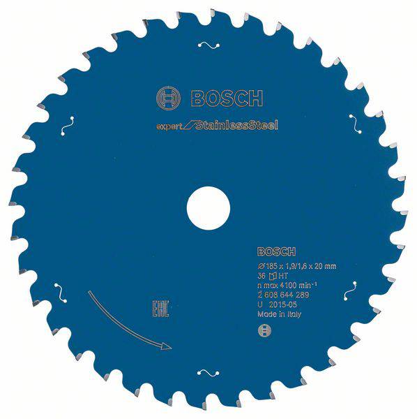 Kreissägeblatt von Bosch, speziell für Edelstahl, blau gefärbt, mit Beschriftungen wie Durchmesser (Ø 165 mm) und Made in Italy.