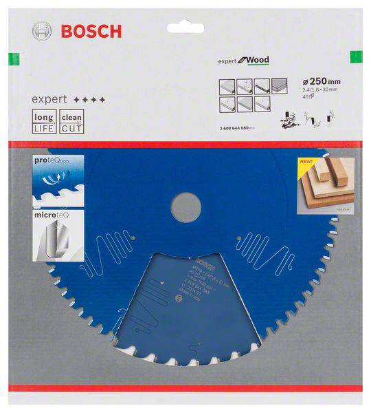 Bosch Kreissägeblatt für Holz, 250mm, Expert-Qualität. Merkmale: lange Lebensdauer, sauberer Schnitt, ProteQtion und MicroteQ Technologie.