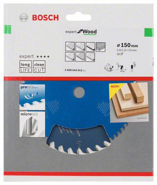 Verpackung eines Bosch Kreissägeblatts für Holz, Durchmesser 150 mm. Eignet sich für präzise, saubere Schnitte, lange Lebensdauer.