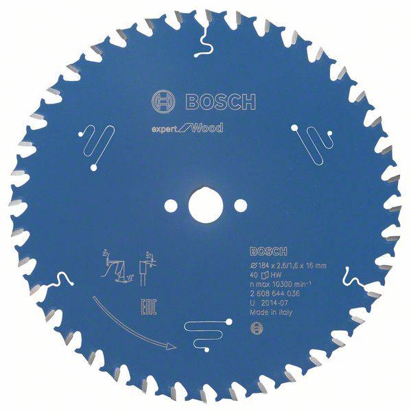 Kreissägeblatt mit Aufschrift: 'BOSCH, expert for Wood'. Durchmesser: 184 mm, 40 Zähne. Geeignet für Holzarbeiten. Hergestellt in Italien.