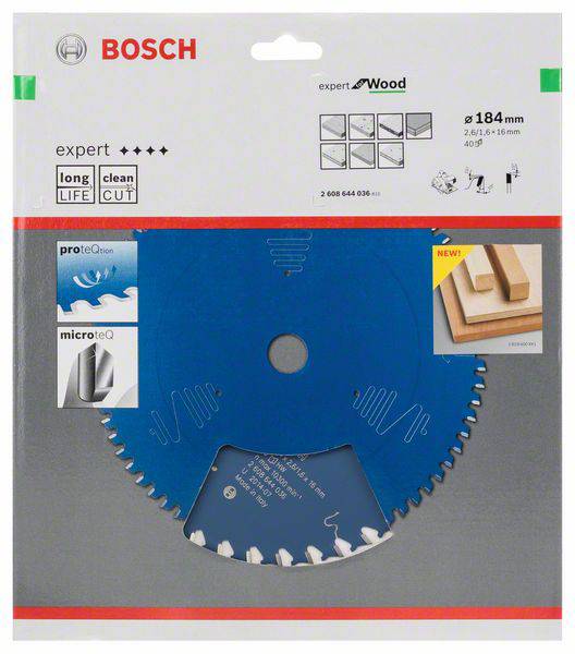Verpackung einer Bosch Kreissägeblatt 'Expert for Wood' mit Durchmesser von 184mm, hervorgehoben mit langlebig und sauberem Schnitt.