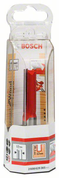 Holzfräser von Bosch in einer durchsichtigen Verpackung. Der Fräser ist rot und für präzise Schnitte im Holz mit 12 mm Durchmesser geeignet.