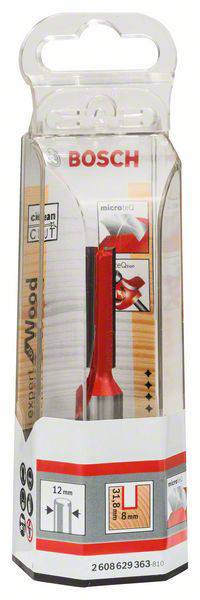 Verpackung eines Holzfräsers von Bosch, 12mm Breite, geeignet für feinen Schnitt. Dargestellt sind Anwendungsbeispiele und Produktspezifikationen.