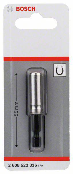 Eine Bosch-Verlängerungshülse mit 55 mm Länge in der Originalverpackung wird gezeigt. Geeignet für magnetische Anwendungen.