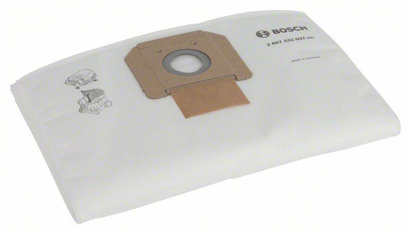 Ein Staubsaugerbeutel von Bosch mit einem rechteckigen Pappanschluss und Illustrationen für die Installation.
