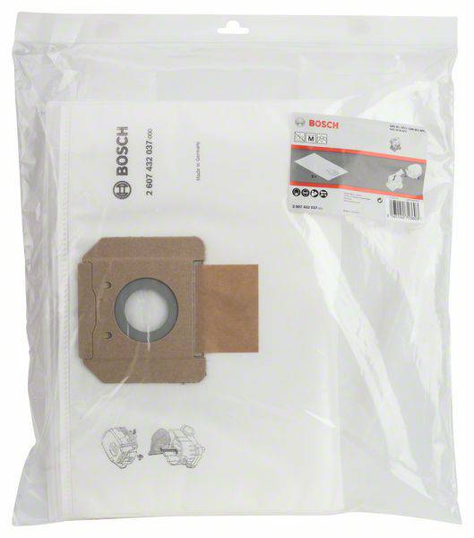 Staubsaugerbeutel von Bosch in transparenter Verpackung mit Etikett, das die Kompatibilität und technischen Details zeigt.