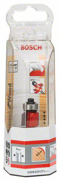 Verpackung eines Bosch-Holzfräsers, 8 mm Schaft, geeignet für Holzarbeiten. Klarer Kunststoff mit roten und schwarzen Details.