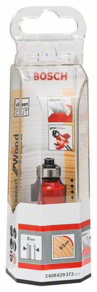 Verpackung von Bosch Fräser 8 mm, geeignet für Holz, mit 'clean cut' Technologie, zeigt Fräserbild und Logo auf der Vorderseite.
