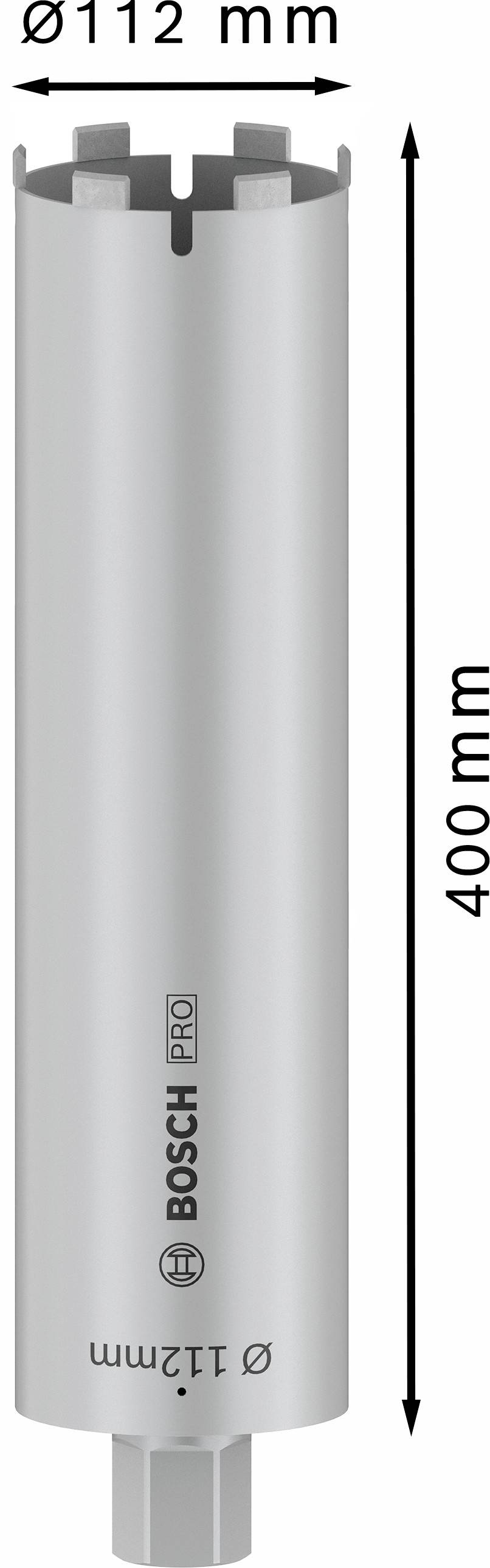 Zylindrischer Bohrer von Bosch Pro, Silber, Länge 400 mm, Durchmesser 112 mm, geeignet für robuste Anwendungen.
