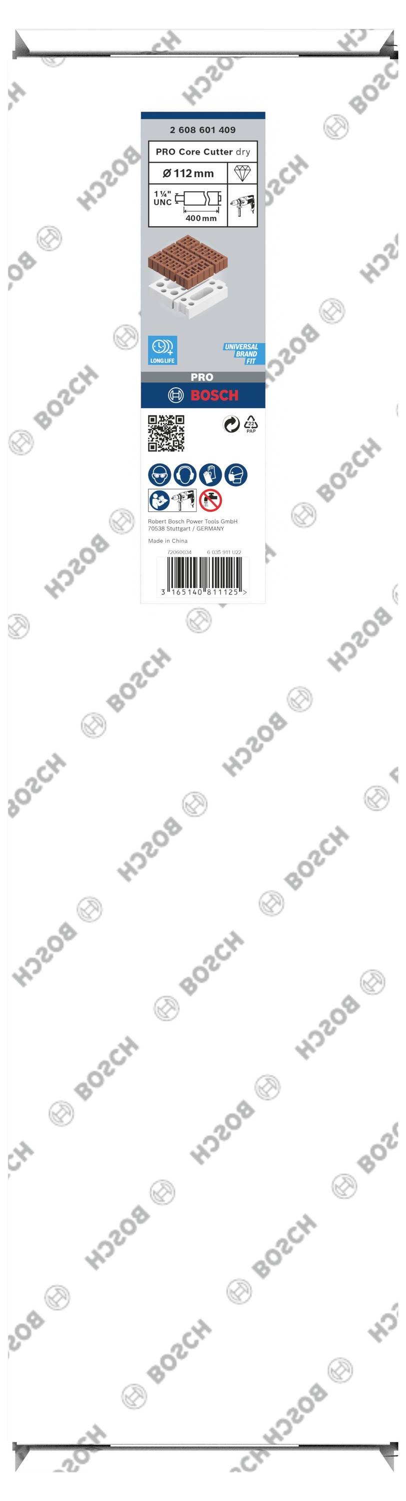 'Multiconstruction-Maurerbohrer' Etikett mit Bohrersymbol, Größe 6x150x100 mm, nutzt für Beton, Mauerwerk, Fliesen. Bosch Logo oben.