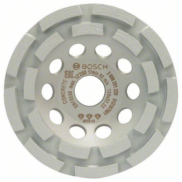 Schleifscheibe mit mehreren Segmenten, Markenlogo in der Mitte. Designed für die Bearbeitung von Beton. Modelldetails aufgedruckt.
