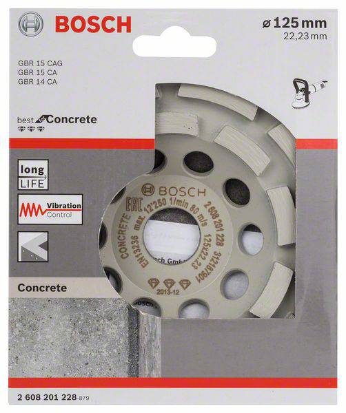 Eine Bosch Diamantscheibe mit 125 mm Durchmesser für Betonbearbeitung, gekennzeichnet durch lange Lebensdauer und Vibrationskontrolle.