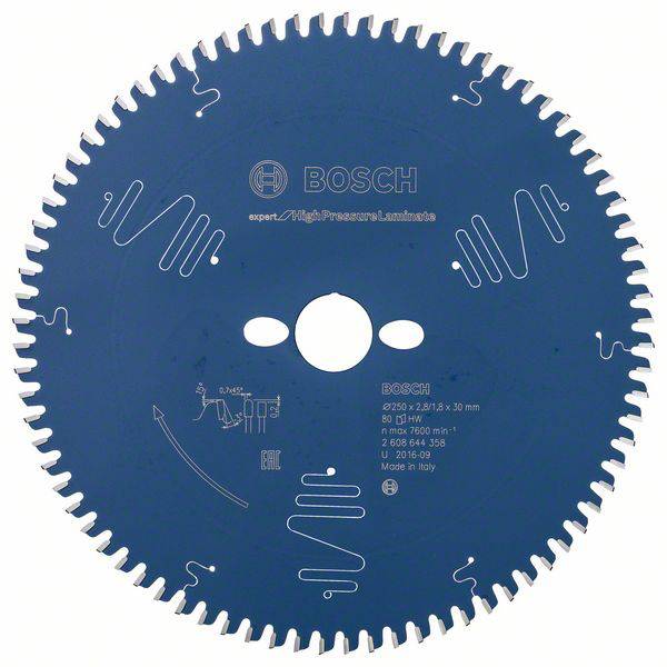 Blaues Sägeblatt von Bosch, geeignet für Hochdrucklaminat. 72 Zähne, 254 mm Durchmesser, aus Italien.