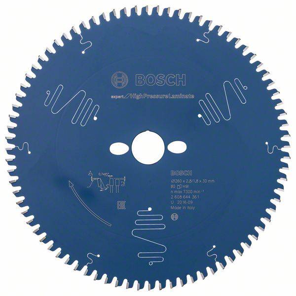 Kreissägeblatt für Hochdrucklaminate von Bosch, Durchmesser 260 mm, 72 Zähne, für präzise Schnitte in Italien hergestellt.
