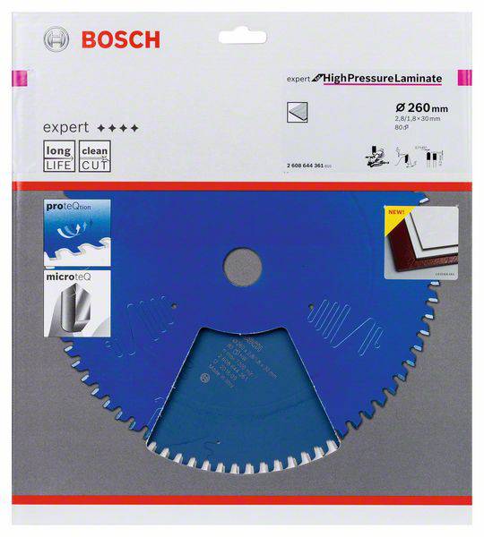 Verpackung eines Bosch Sägeblatts für Laminat. Details wie Durchmesser (260 mm), Schnitteigenschaften (fein, langlebig) und Materialangaben.