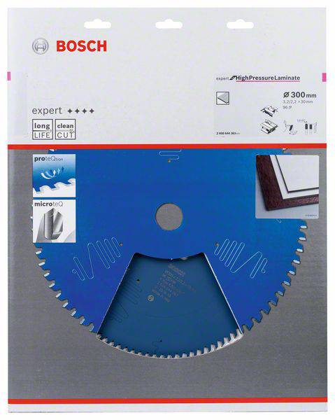 Ein rundes Sägeblatt von Bosch für Hochdrucklaminate, 300 mm Durchmesser, mit Mikrozahnung für präzisen Schnitt und langer Lebensdauer.
