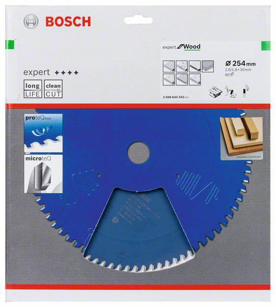Blaue Bosch Sägeblattverpackung für Holz, 'expert for Wood', 254 mm Durchmesser, glatter Schnitt, für Langlebigkeit ausgelegt.