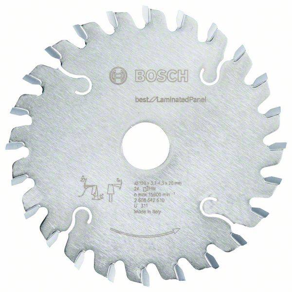 Kreissägeblatt von 'Bosch', geeignet für Laminatplatten, hat 20 Zähne und ist für Maschinen mit einer Drehzahl bis 15.000 U/min bestimmt.
