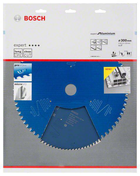 Eine Bosch Sägeblatt-Verpackung für Aluminium, 300 mm Durchmesser, gekennzeichnet als langlebig und sauberer Schnitt, mit MicroteQ-Technologie.