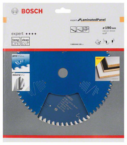 Verpackung einer blauen Kreissägeblatt von Bosch mit Beschriftung 'expert for Laminated Panel'. Geeignet für laminierte Platten, Durchmesser 190 mm.