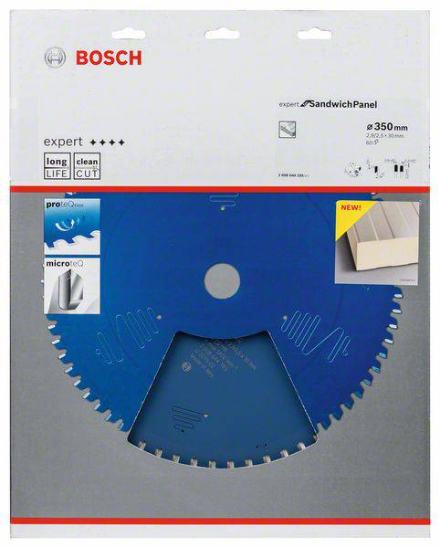 Sägeblatt von Bosch mit blauer Farbe, geeignet für Sandwichplatten, Größe 350 mm. Verpackung zeigt Logos für lange Lebensdauer, sauberen Schnitt und MicroteQ-Technologie.