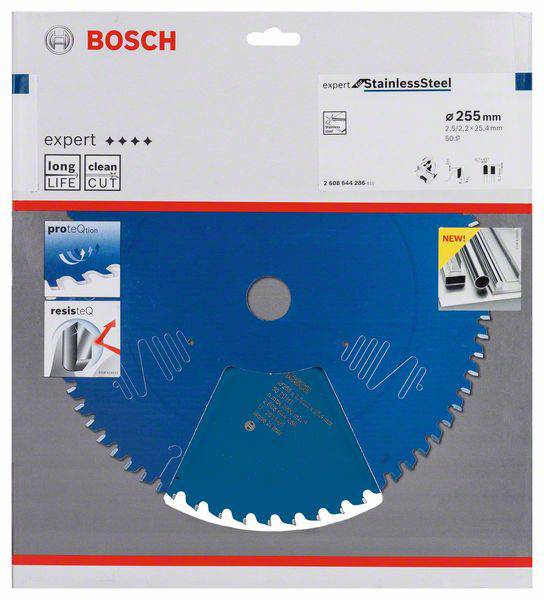 Eine Bosch-Sägeblattverpackung zeigt ein blaues Sägeblatt für Edelstahl mit 255 mm Durchmesser. Das Blatt verspricht 'lange Lebensdauer' und 'sauberen Schnitt'.