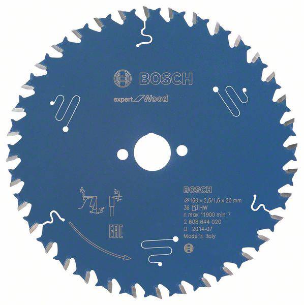 Kreissägeblatt mit Markierung 'Bosch Expert for Wood', blauer Hintergrund, 36 Zähne. Geeignet für Holz, hergestellt in Italien.