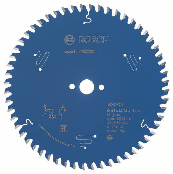 Bosch Kreissägeblatt für Holz, blau, mit 56 Zähnen, Durchmesser 184 mm und Bohrung 16 mm, geeignet für präzise Holzarbeiten.