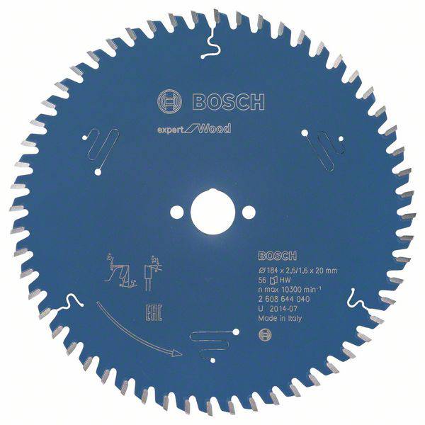 Sägeblatt mit Bosch-Logo, speziell für Holz. Maße: 184 x 2,5/1,5 x 20 mm, 56 Zähne. Made in Italy. Für Kreissägen geeignet.