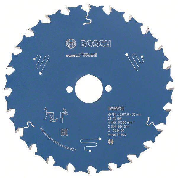 Sägeblatt aus blauem Metall mit Bosch-Logo, speziell für Holz. Herstellerangaben und Spezifikationen sind auf der Oberfläche abgebildet.