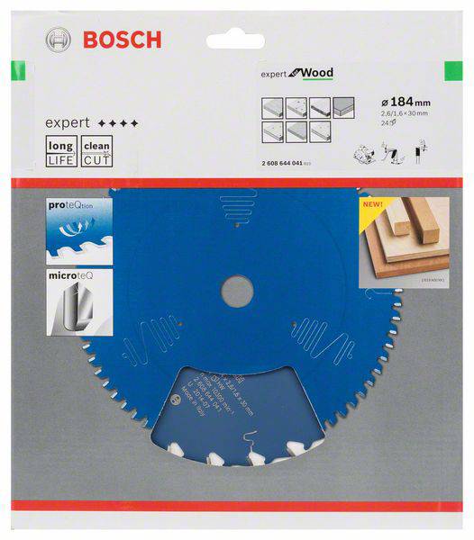 Bosch Kreissägeblatt 'expert for Wood', Durchmesser 184 mm, geeignet für Holzschnitte. Verpackung betont präzise und langlebige Schnitte.