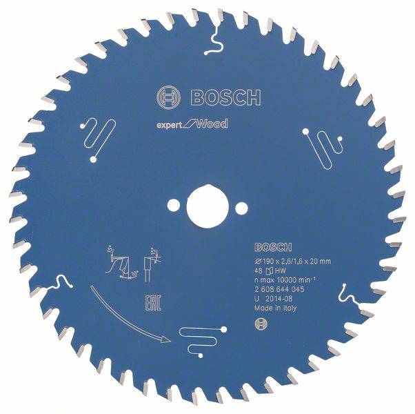 Blaues Kreissägeblatt von Bosch, beschriftet mit technischen Details: Durchmesser 190 mm, für Holz, max. 7000 U/min.