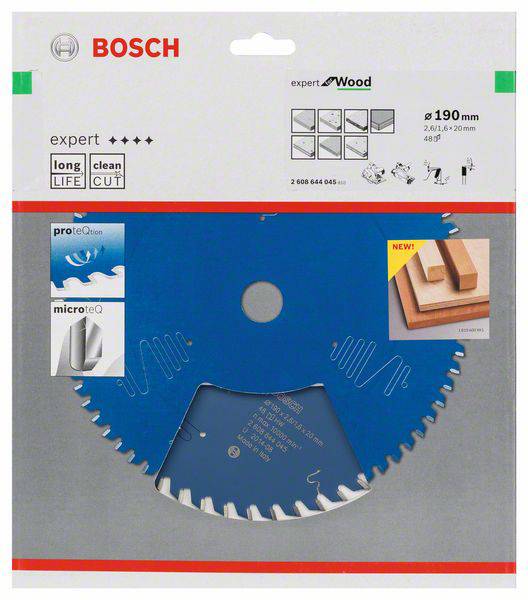 Sägeblatt von Bosch für Holz, 190 mm Durchmesser, geeignet für präzise Schnitte. Enthält Symbole für lange Lebensdauer und sauberen Schnitt.