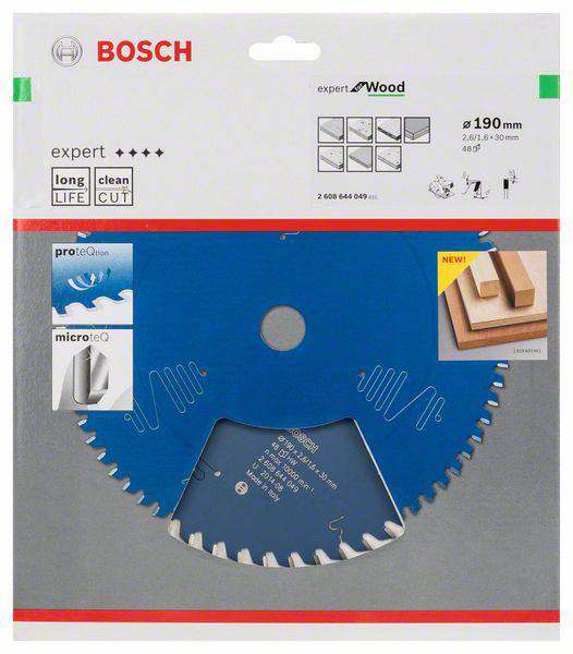 Verpackung einer Bosch Kreissägeblatt für Holz, Durchmesser 190 mm. Markierungen für lange Lebensdauer und saubere Schnitte.