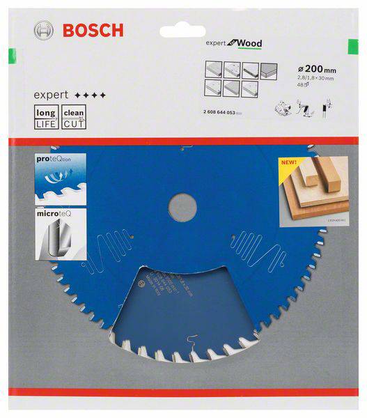 Kreissägeblatt von Bosch für Holz, Durchmesser 200 mm, spezielle Beschichtungen für lange Lebensdauer und präzisen Schnitt.