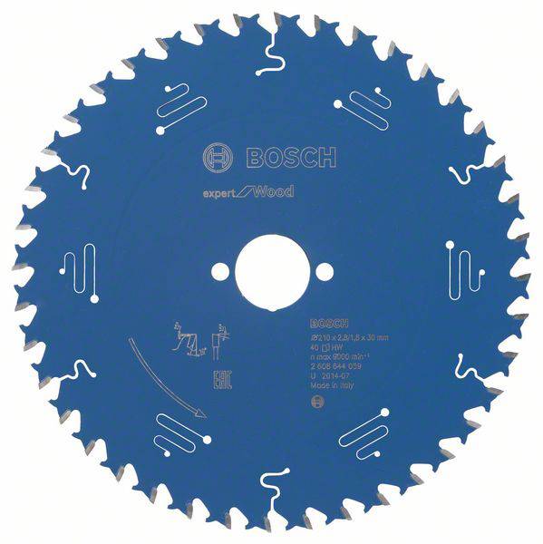 Blaues Kreissägeblatt mit gezahntem Rand, beschriftet als 'Bosch expert for Wood', geeignet für das Schneiden von Holz.