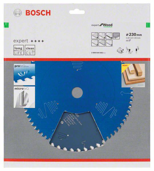 Verpackung einer Bosch Kreissägeblatt 230 mm für Holz, mit Symbolen für lange Lebensdauer und saubere Schnitte, in Blau.
