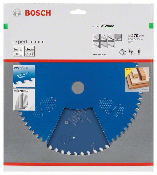 Sägeblatt von Bosch für Holz, Durchmesser 270 mm. Verwendet 'Expert' Technologie für lange Lebensdauer und saubere Schnitte.