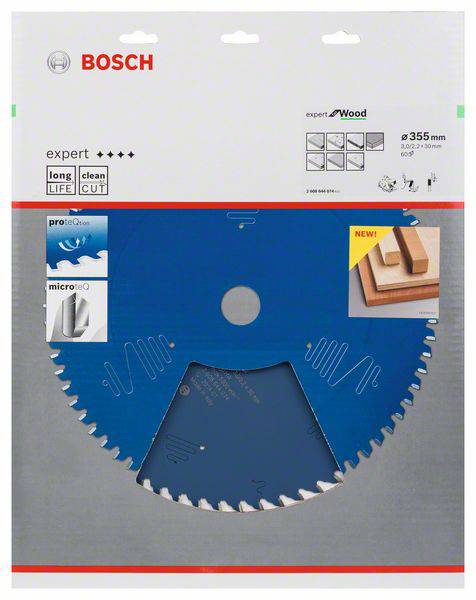 Kreissägeblatt von Bosch, geeignet für Holz, 355 mm Durchmesser, lange Lebensdauer, geeignet für feine Schnitte.