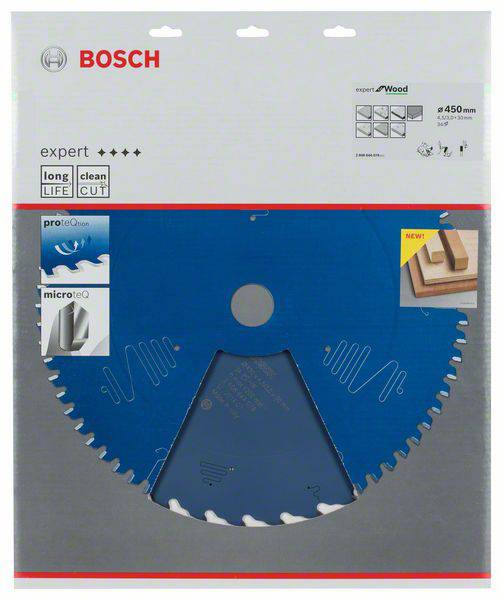 Bosch Kreissägeblatt für Holz, 450 mm Durchmesser, blaue Beschichtung, geeignet für saubere Schnitte und lange Lebensdauer.