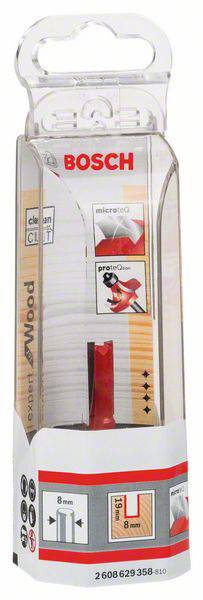 Verpackung eines Bosch-Holzfräsers mit 8 mm Durchmesser. Enthält Produktabbildung, technischen Text und Symbole zur Anwendung.