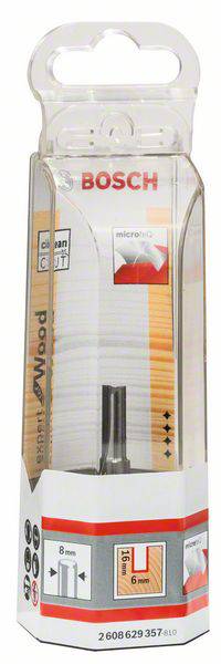 Verpackung einer Bosch 'Micro' Fräsmaschine mit 8 mm Schaft und 6 mm Schnitt, geeignet für Holzarbeiten, abgebildet in Klarsichtbox.