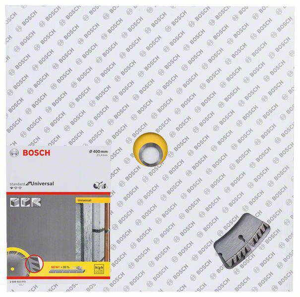 Verpackung einer Bosch Universal Trennscheibe mit Bild der Scheibe. Geeignet zum Schneiden von Beton und Stein, Durchmesser 400 mm.